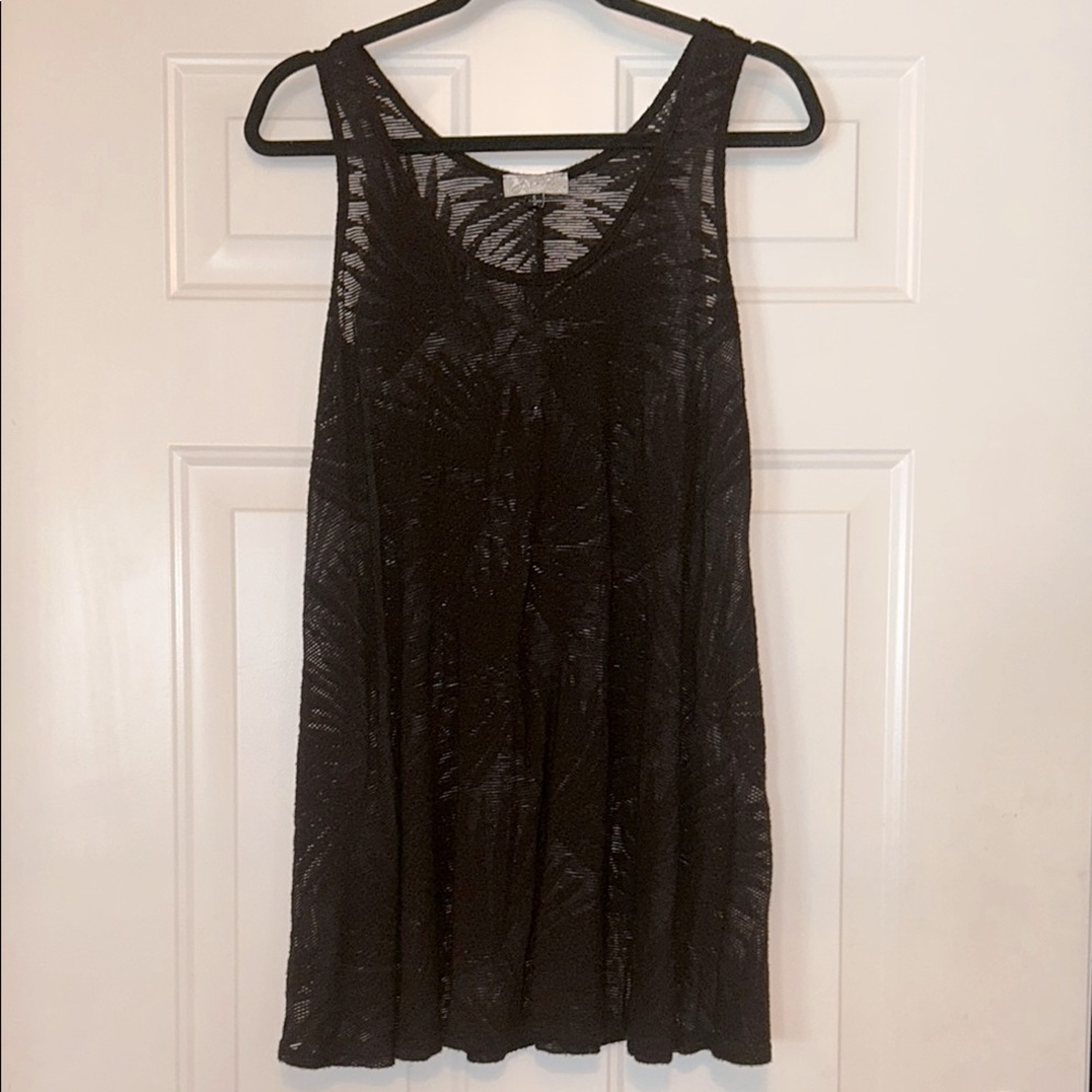 J Valdi Swim Tank Cover Up S Black Monochrome Palm Design Sheer Beach Resort